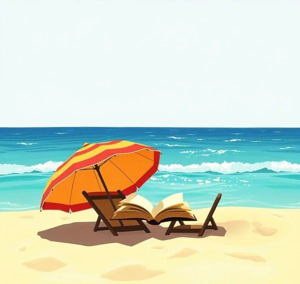 Un ombrellone e un libro abbandonati sulla sabbia, simbolo di dolce relax. Il mare in lontananza e il sole caldo invitano alla contemplazione